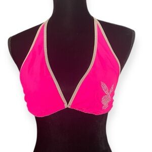 Playboy Neon Pink Studded Bikini top swimsuit bra vintage y2k RARE Bunny Large